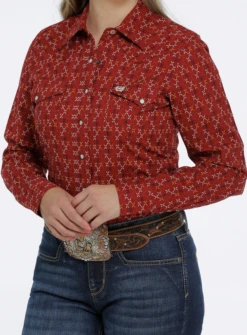 Cinch Cinch Women's Red Patterned Long Sleeve Shirt